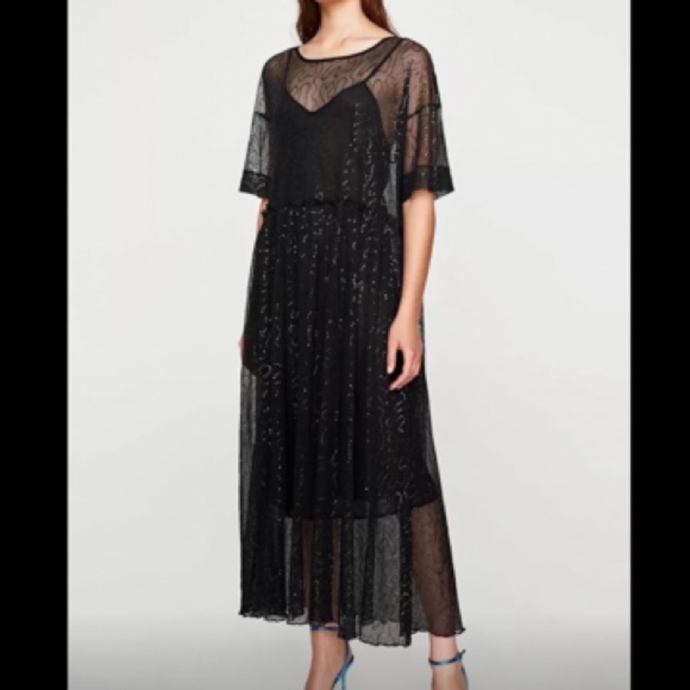 ZARA Black Sequined Tulle Loose Fitting Maxi Dress S